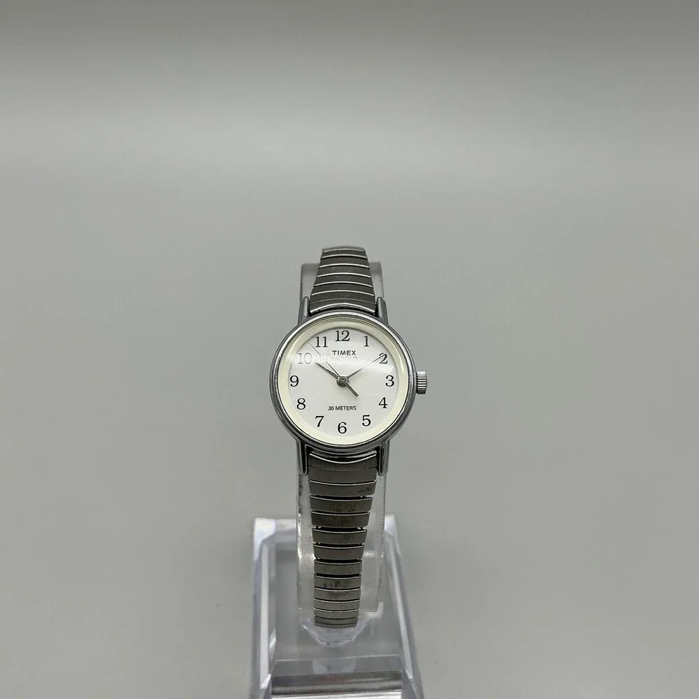 Timex Indiglo Womens Watch 23mm White Dial Silver Tone Stretch Band New Battery